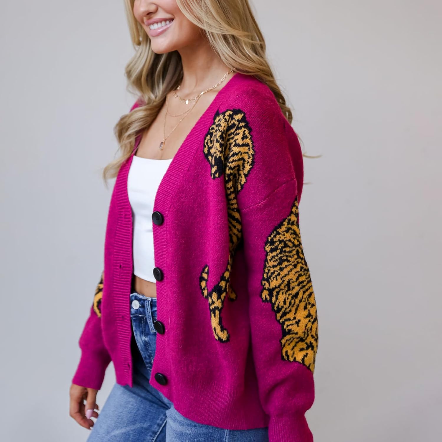 Women Tiger Print Cardigan Sweaters V Neck Button Down